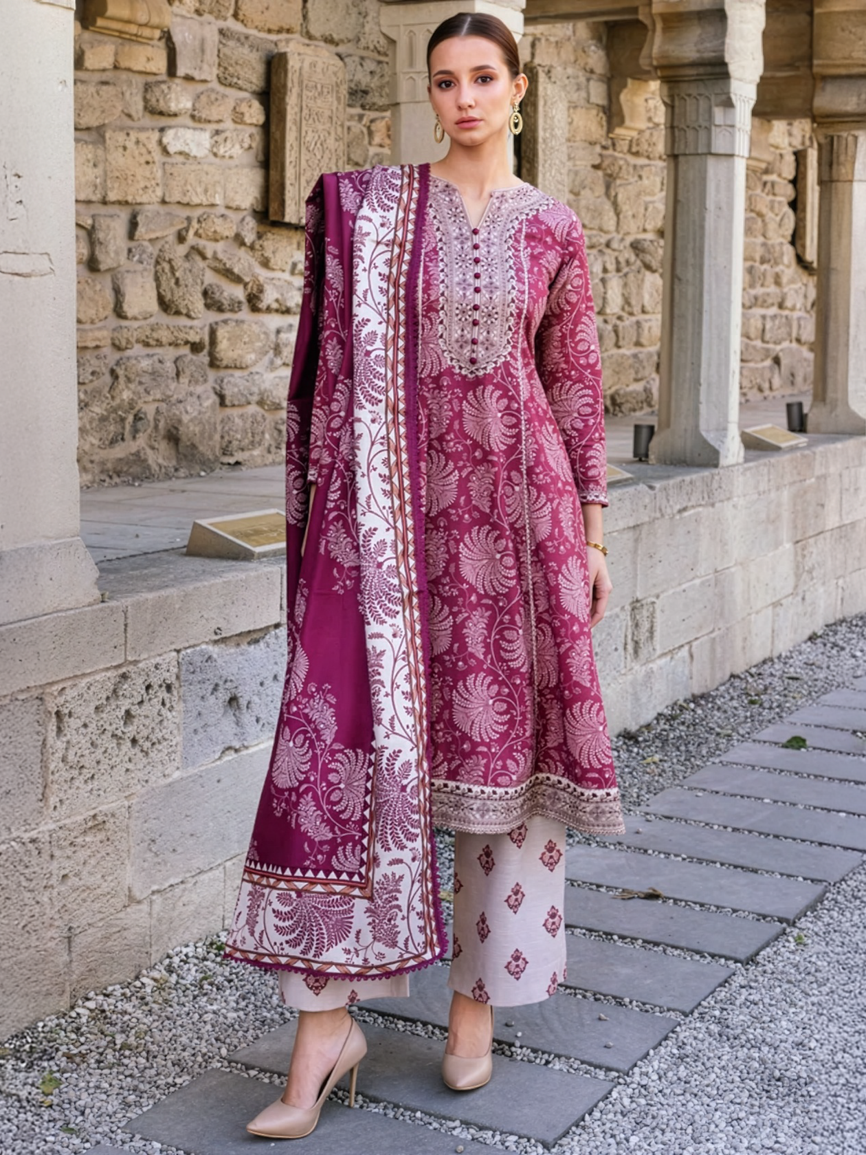 Pink Embroidered Khaddar 3-Piece Suit – RZ186