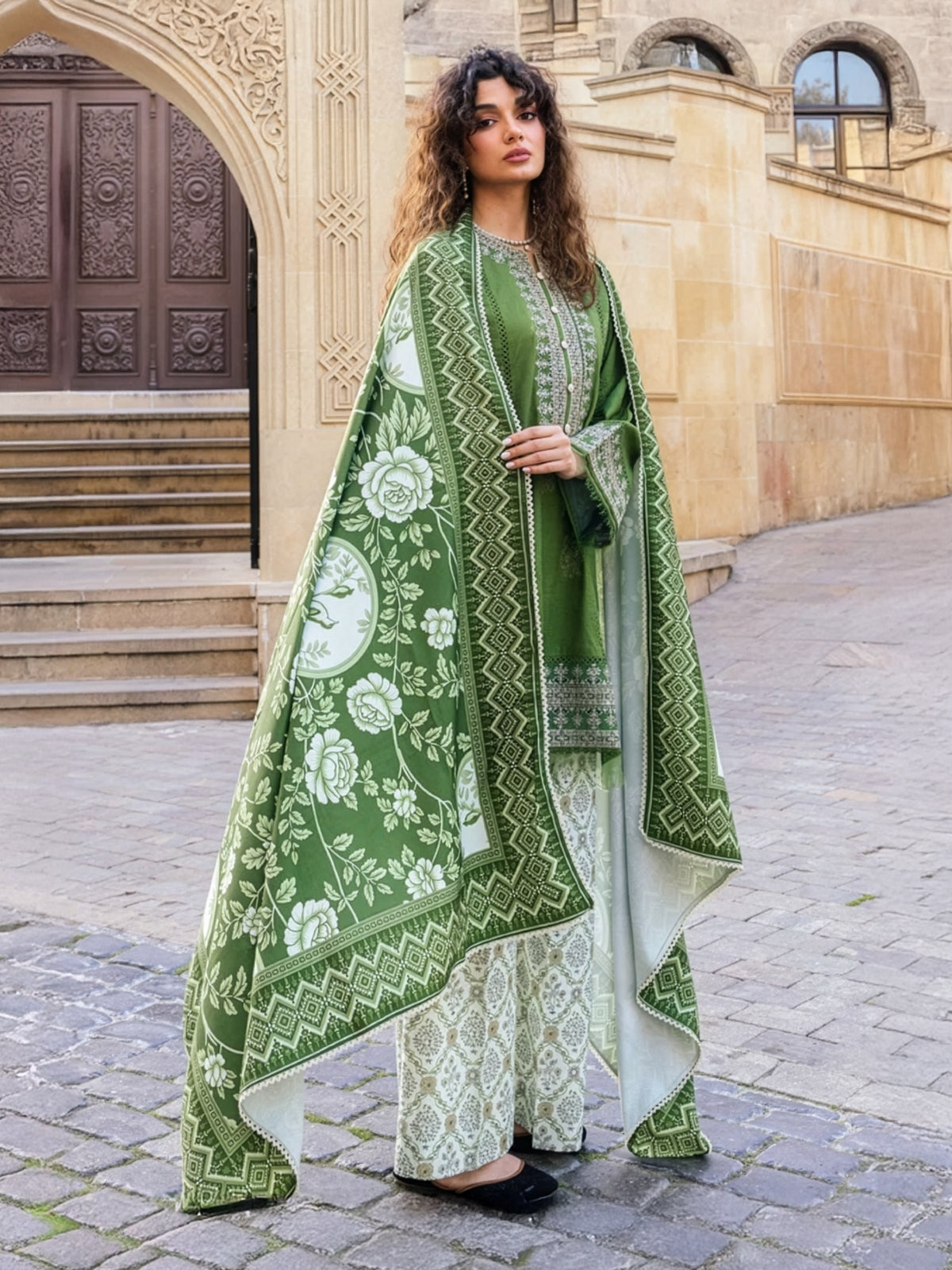 Olive Green Embroidered Khaddar 3-Piece Suit – RZ192