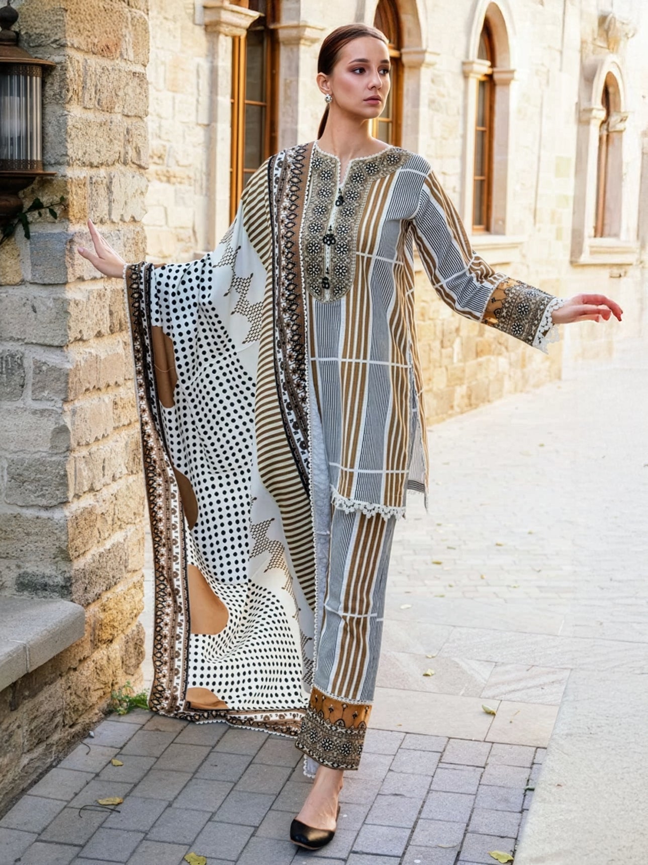 Camel Beige Embroidered Khaddar 3-Piece Suit – RZ189