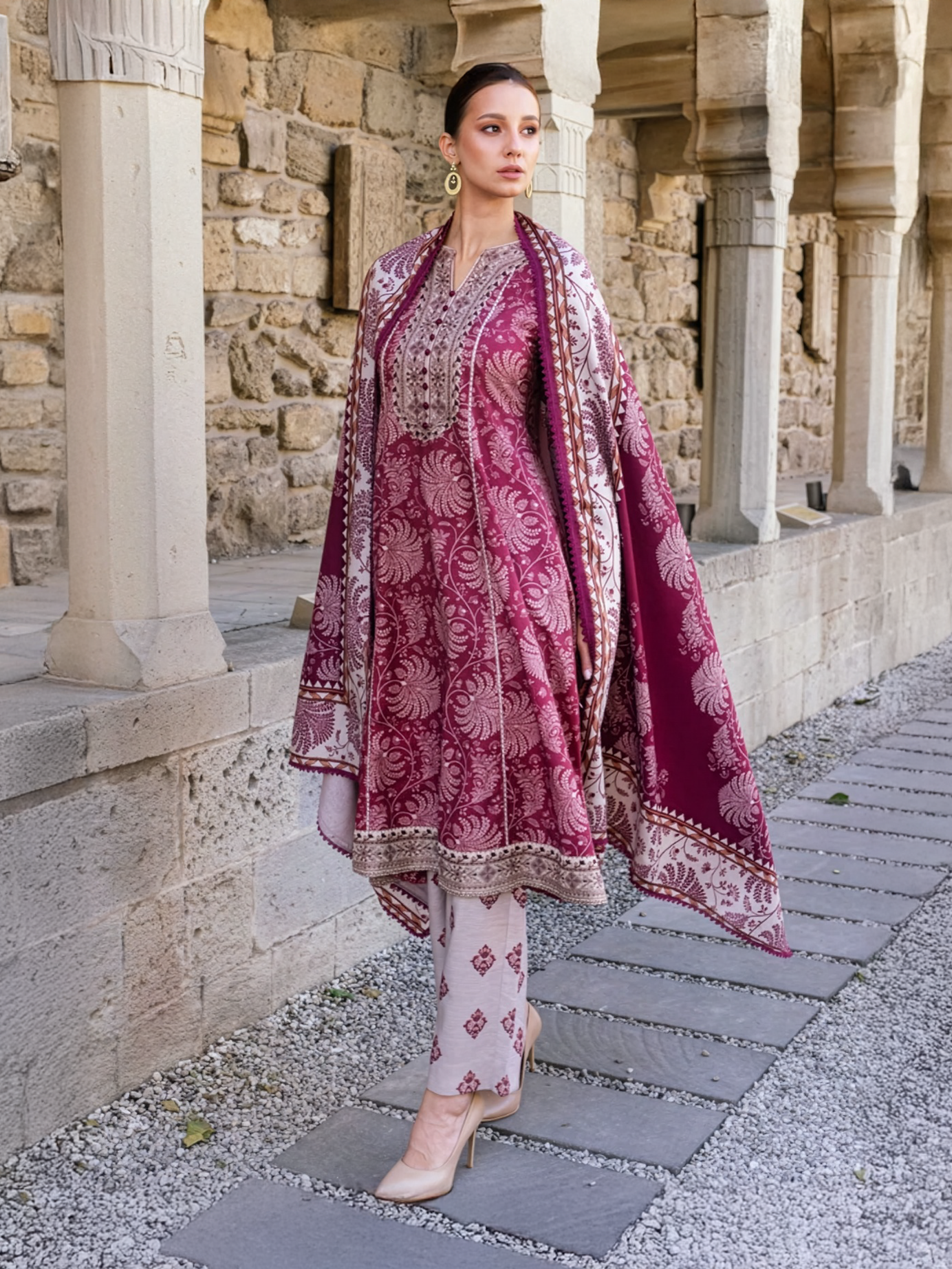 Pink Embroidered Khaddar 3-Piece Suit – RZ186