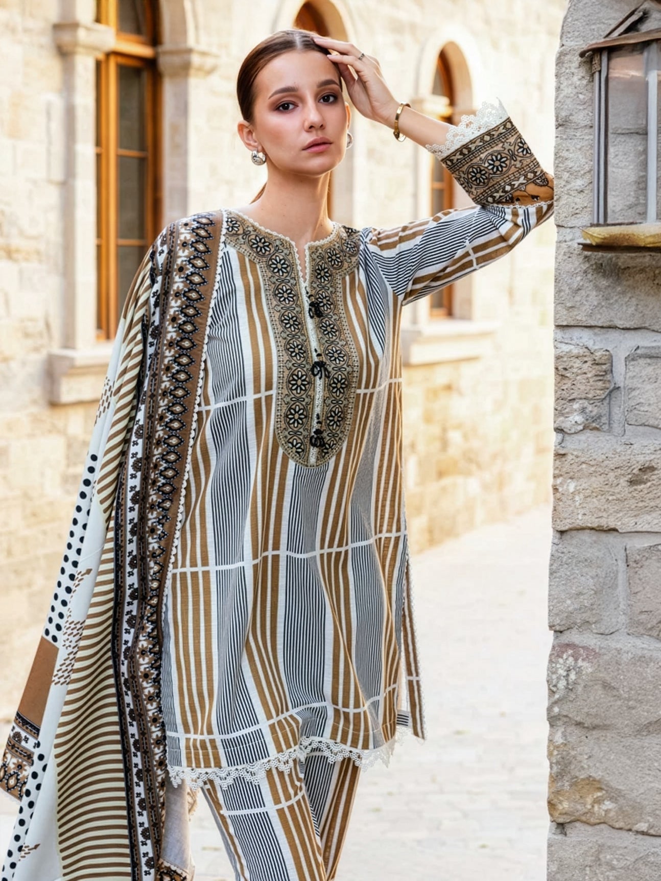 Camel Beige Embroidered Khaddar 3-Piece Suit – RZ189