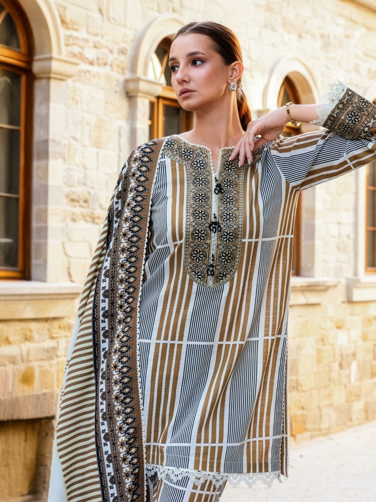 Camel Beige Embroidered Khaddar 3-Piece Suit – RZ189