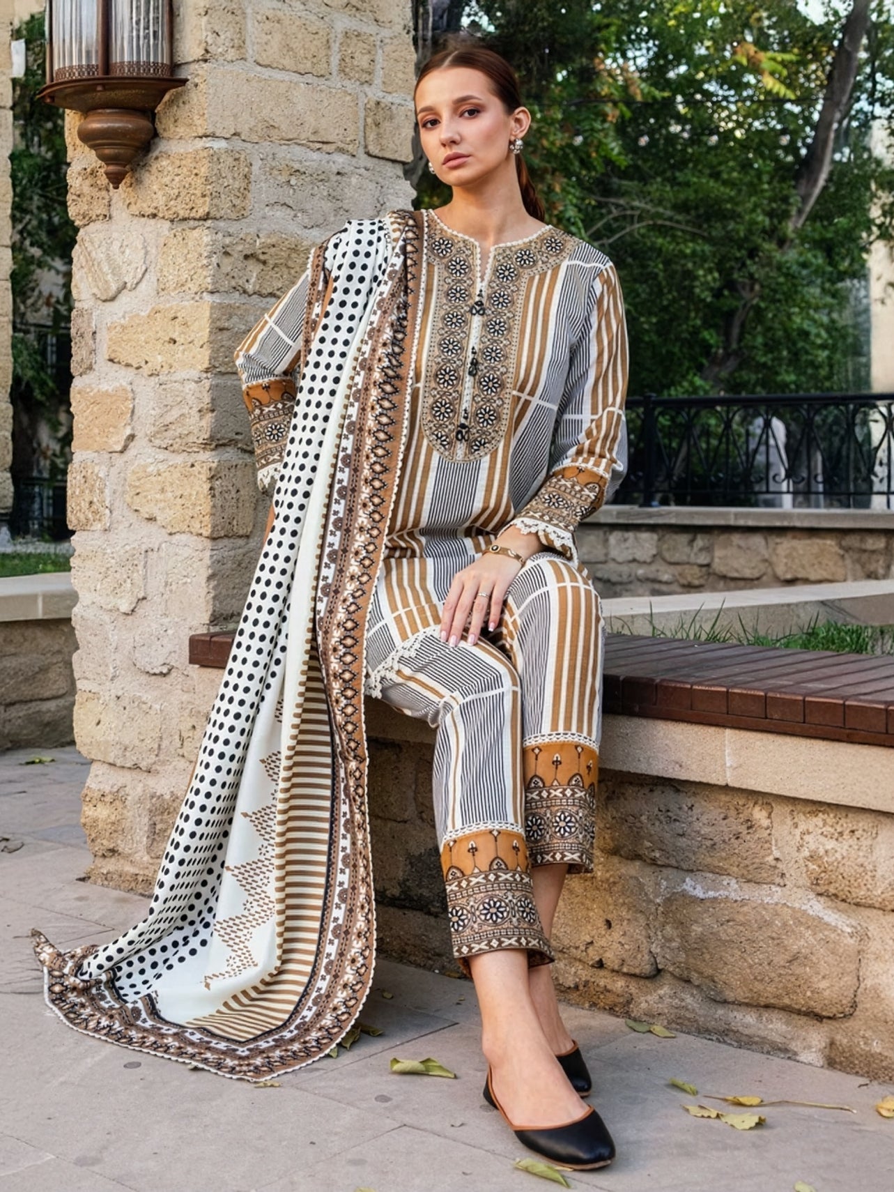 Camel Beige Embroidered Khaddar 3-Piece Suit – RZ189