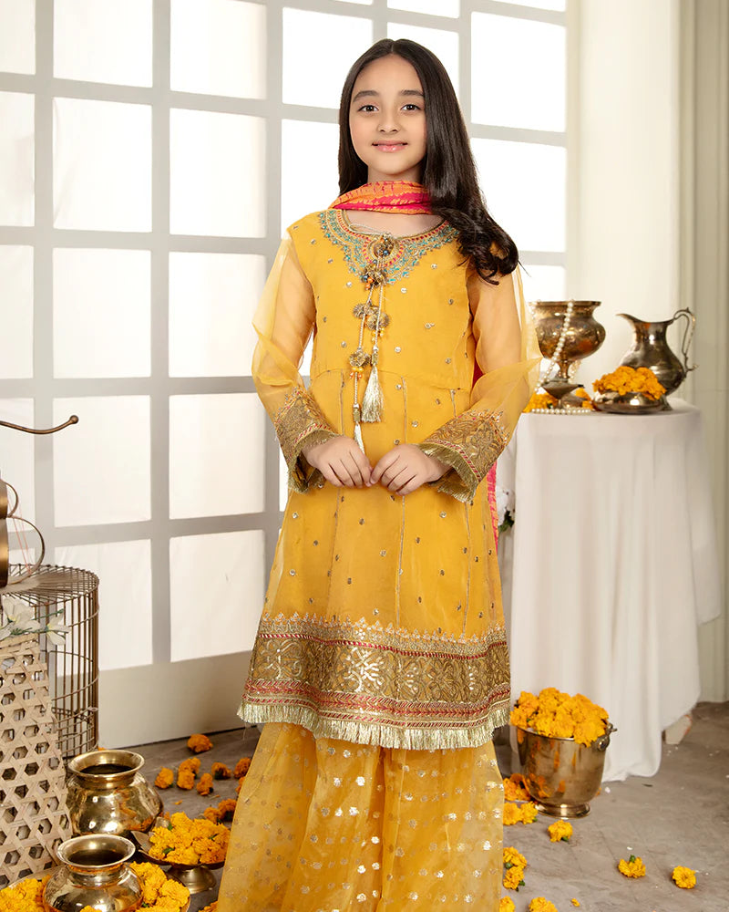 Mustard Gold Embroidered Gharara Set – 3 Piece – RZ3267