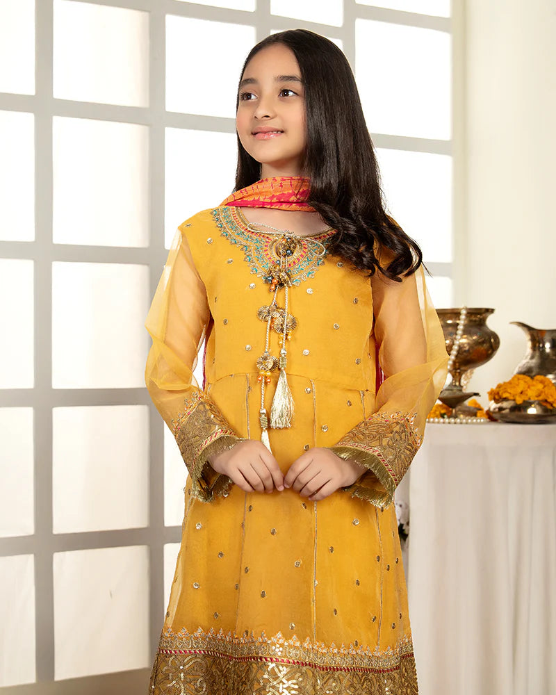 Mustard Gold Embroidered Gharara Set – 3 Piece – RZ3267