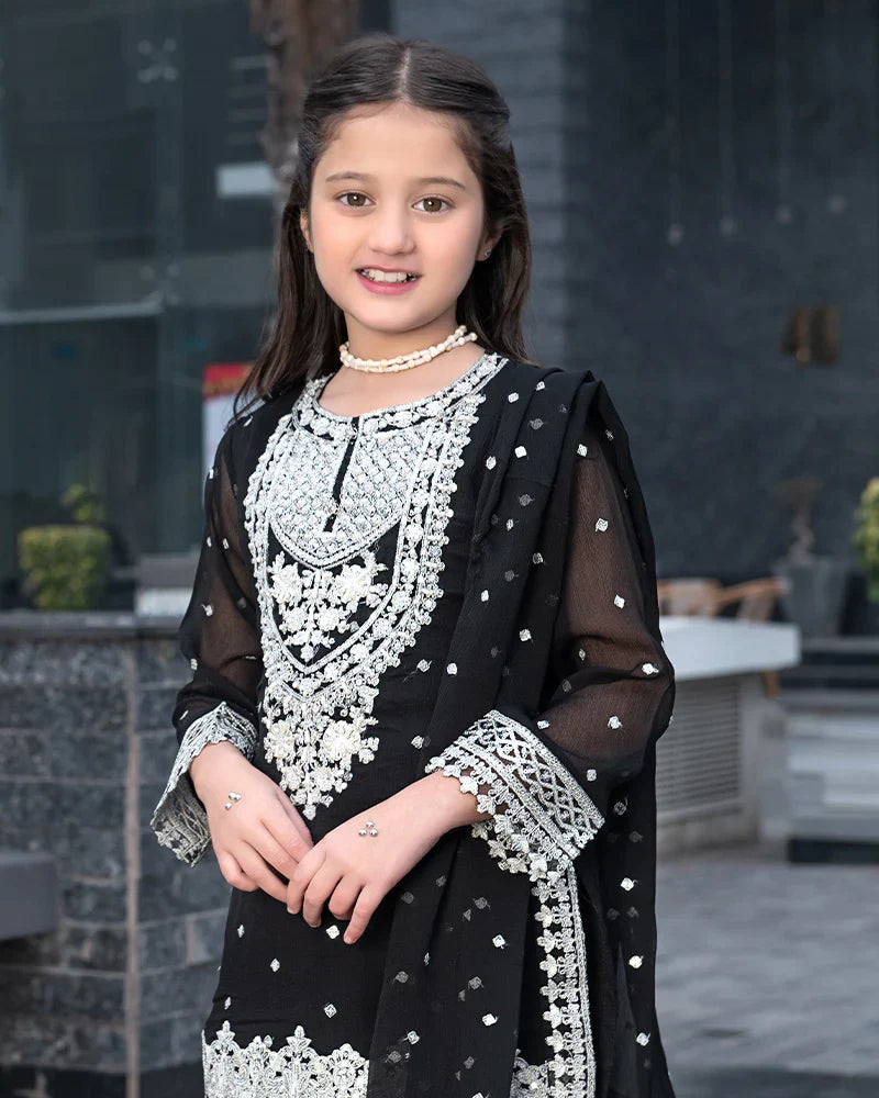 Black Embroidered Chiffon Ghararah – 3 Piece – RZ3837