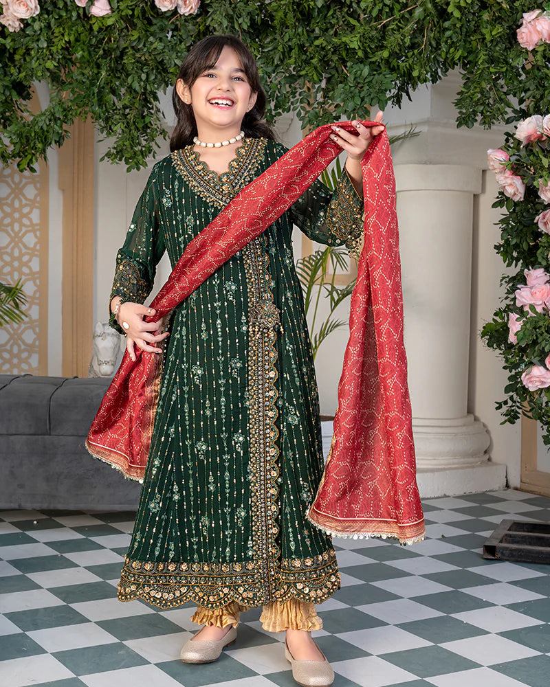 Green Embroidered Chiffon Angrakha Set – 3 Piece – RZ3860