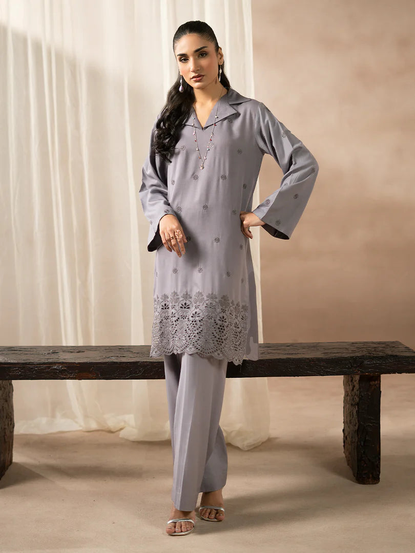 Gray Dhanak Embroidered Co-Ord – 2 Piece – RZ44