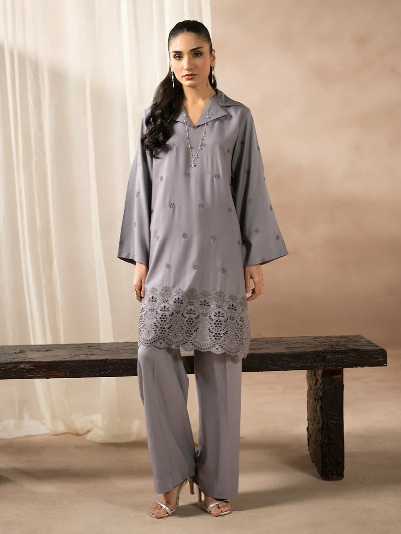 Gray Dhanak Embroidered Co-Ord – 2 Piece – RZ44