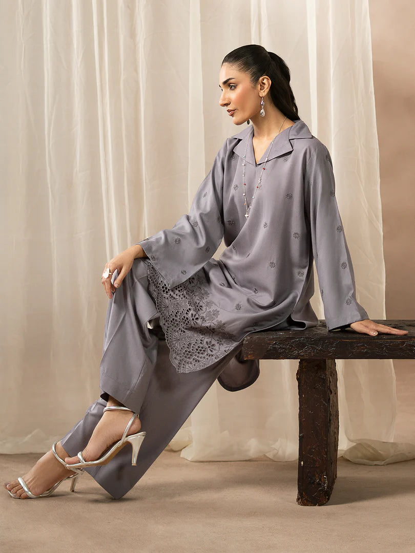 Gray Dhanak Embroidered Co-Ord – 2 Piece – RZ44