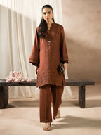 Brown Dhanak Embroidered Co-Ord – 2 Piece – RZ45