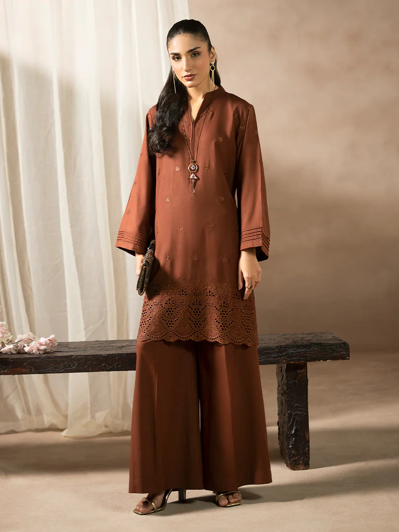 Brown Dhanak Embroidered Co-Ord – 2 Piece – RZ45