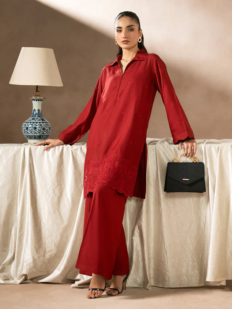 Red Dhanak Embroidered Co-Ord – 2 Piece – RZ48