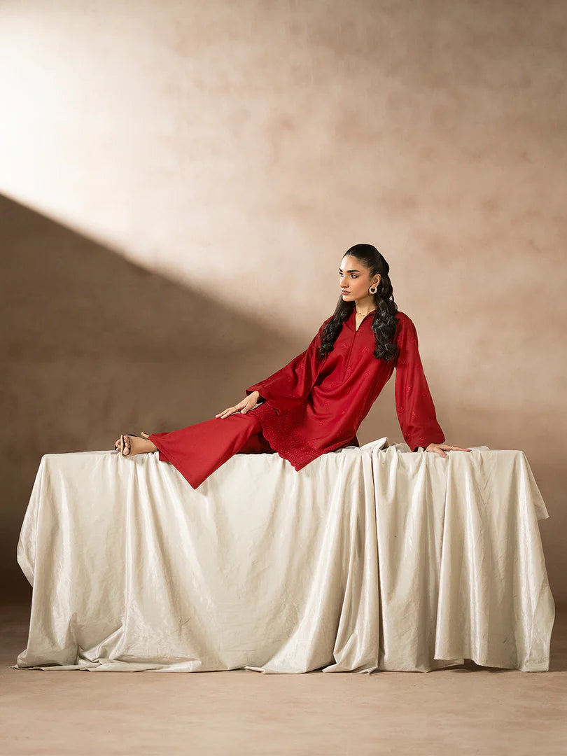 Red Dhanak Embroidered Co-Ord – 2 Piece – RZ48