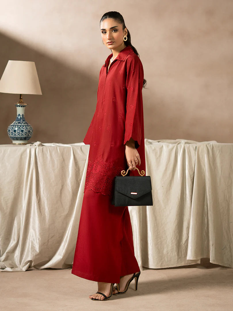 Red Dhanak Embroidered Co-Ord – 2 Piece – RZ48