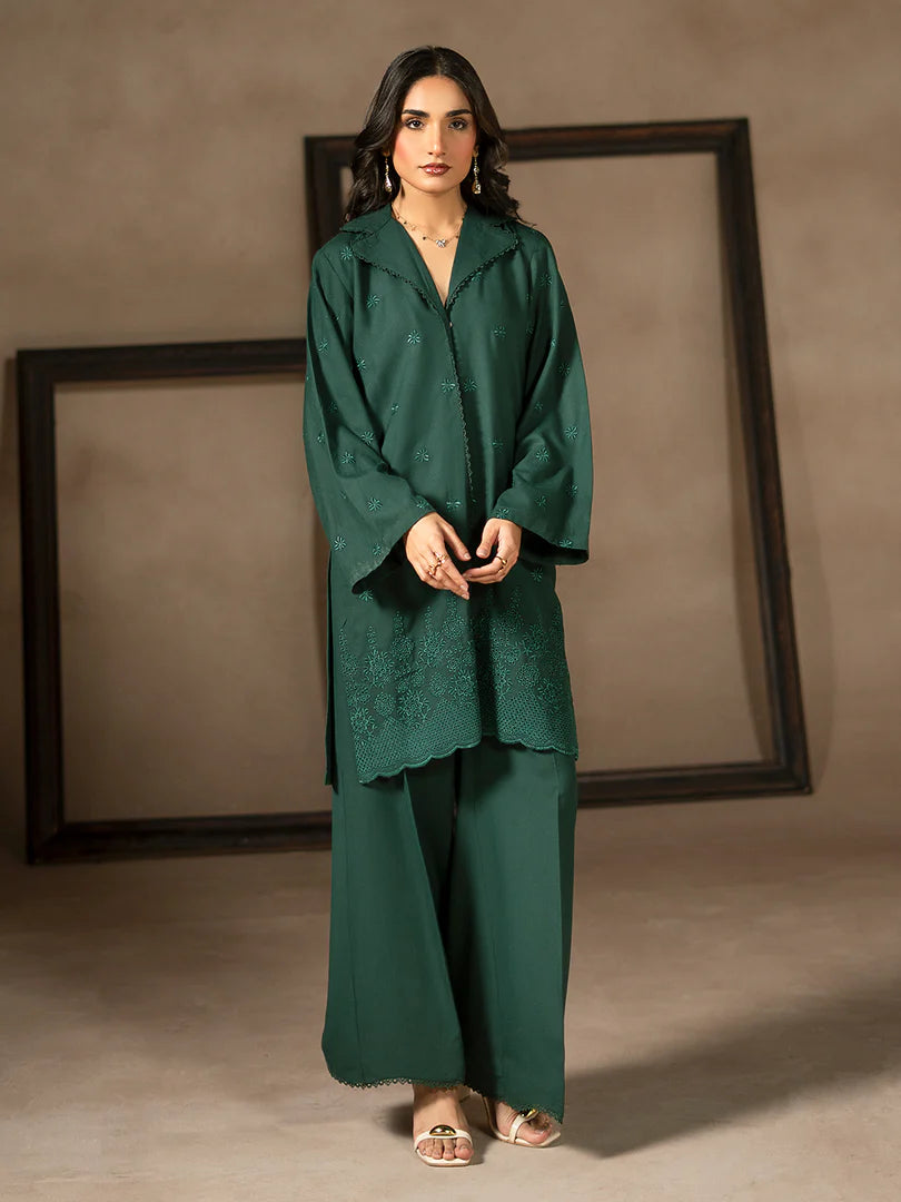 Dark Green Dhanak Embroidered Co-Ord – 2 Piece – RZ49