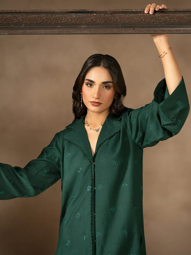 Dark Green Dhanak Embroidered Co-Ord – 2 Piece – RZ49