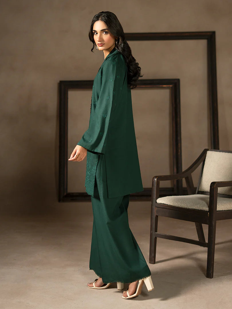 Dark Green Dhanak Embroidered Co-Ord – 2 Piece – RZ49